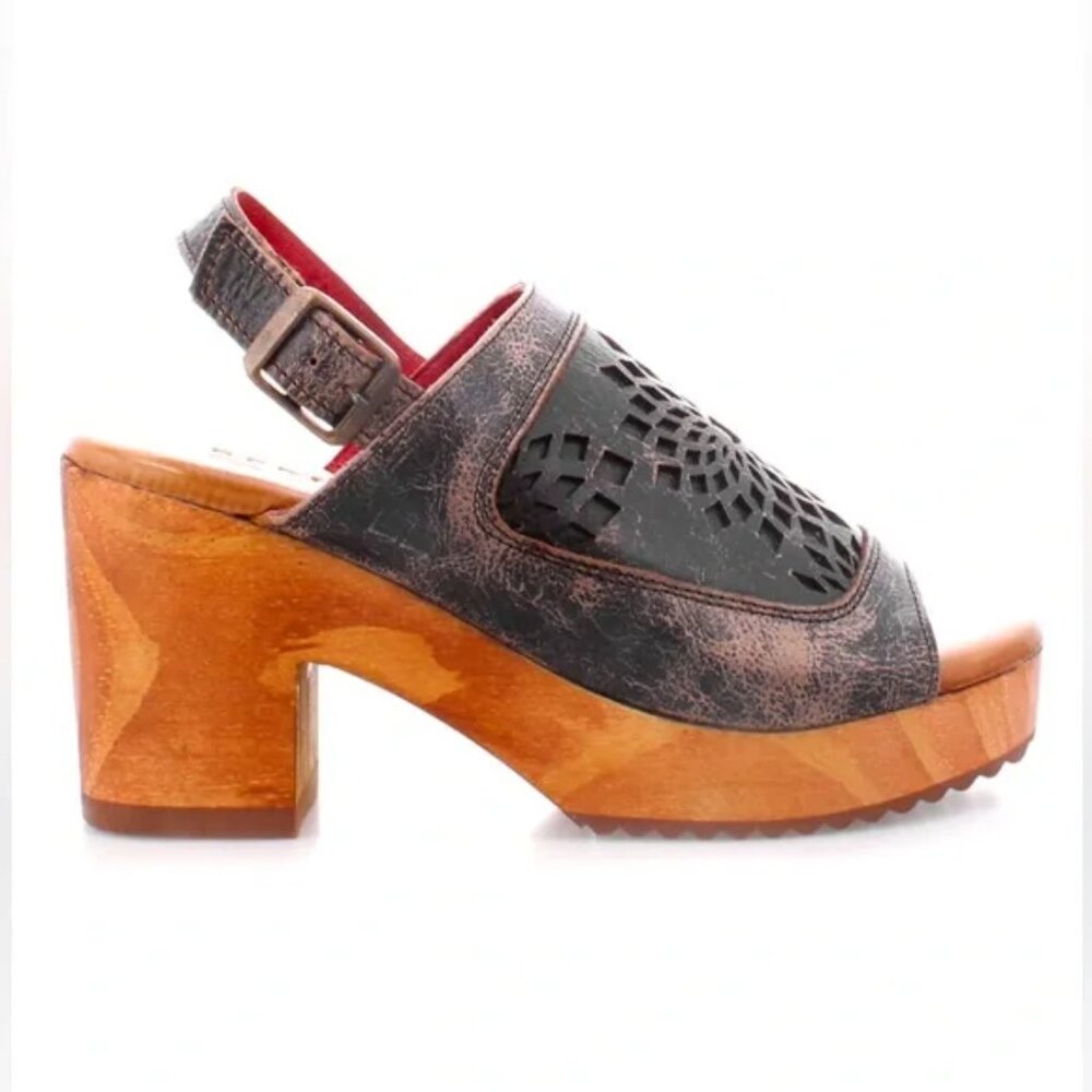 NWT Jinkie Heel Leather Black & Brown Rustic Chunky Platform Perforated Sandals - Picture 7 of 8